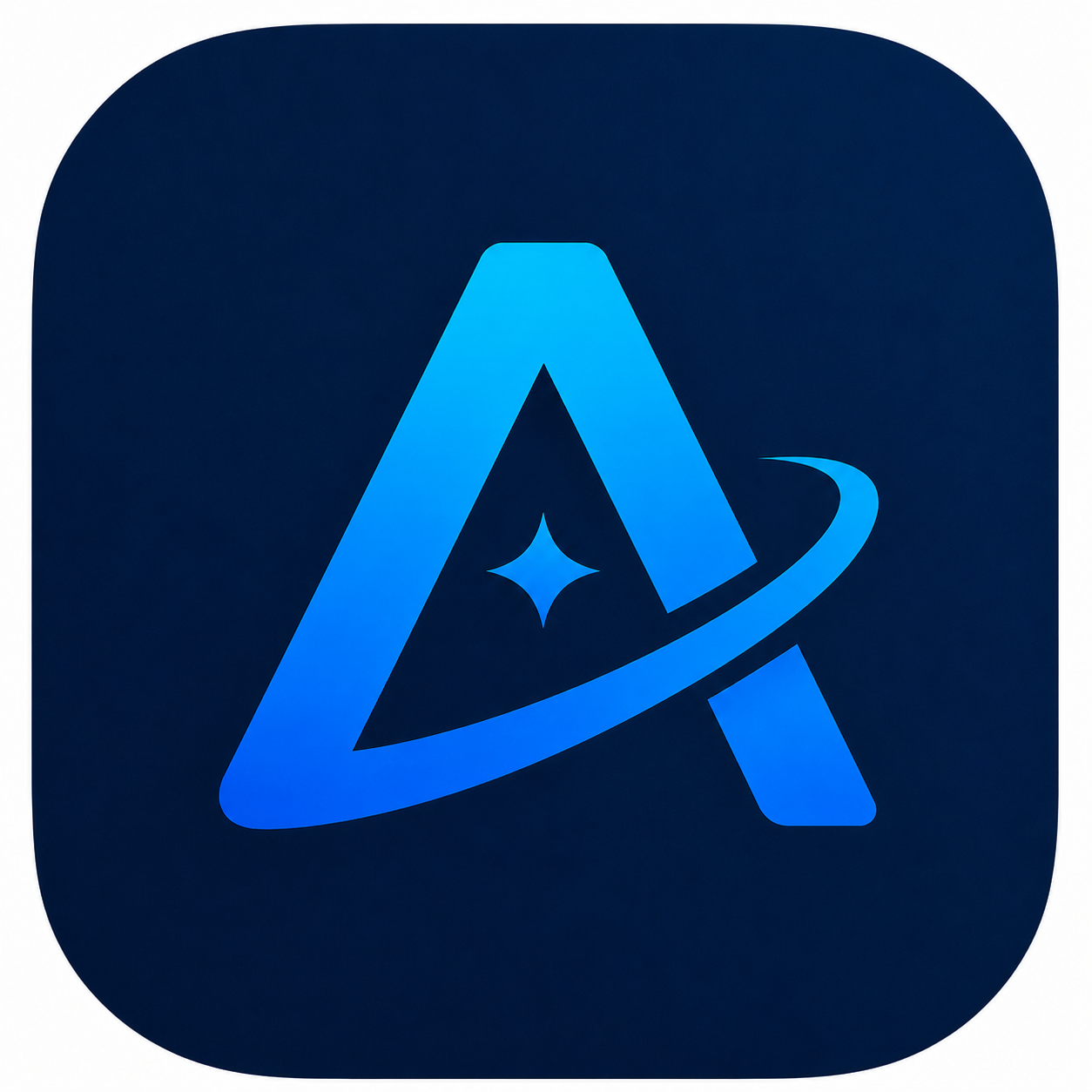 Хар хөх дэвсгэр дээр цэнхэр тойрог бүхий A үсэгтэй Astron Time лого